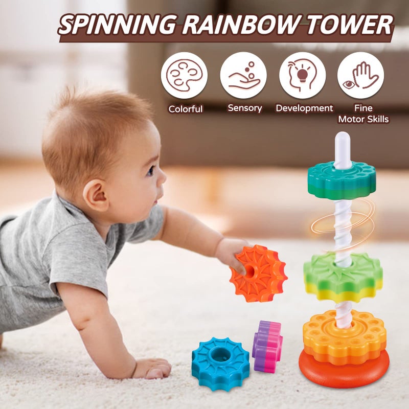 JUXUE Baby Spinning Stacking Toys for Toddlers 1-3, Rainbow Ring Stacker Montessori Toys for Babies 6-12 Months, 1 2 3 One Year Old Girl Boy Christmas Birthday Gifts, Autism Sensory Learning Toy - Image 5