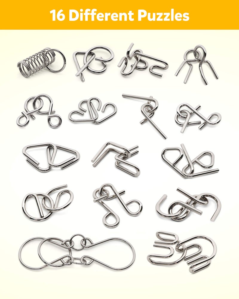 Coogam Coogam Metal Wire Puzzle Set of 16 with Pouch,Brain Teaser IQ Test Disentanglemen Iron Link Unlock Interlock Game Chinese Ring Magic Trick Toy for Party Favor Kids Adults Challenge  - Image 2