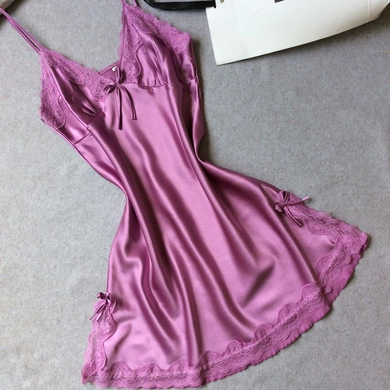 Ai Ju Si Women's Satin Silk Cami Nightdress V-Neck Sleeveless Short Homewear Summer Sleepwear - Image 1