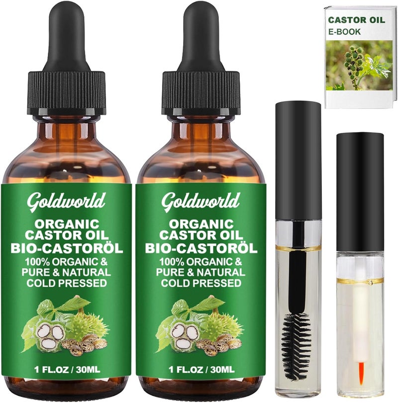 Castor Oil2 Packs wFree LashBrow BrushesEBook100 Pure Hair Oil for Eyebrow Lash Eyelash Beard Growth Serum Dry Hair Skin Care Essential OilsGifts for Women Men Mum Wife Her