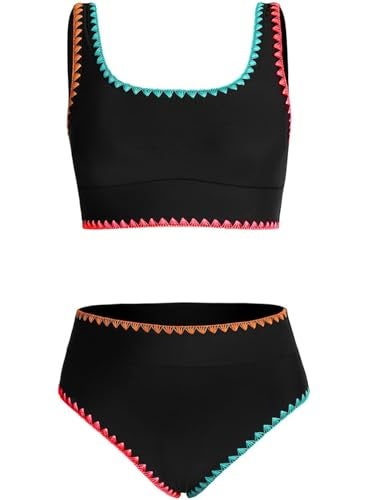 blibean Tween Girl Swimsuits Little Kids Girls Summer Swim Bathing Suits Teen Fashion Two Piece Bikini Boho Hawaii Swimwear Beach Sets Traje Baño Niñas Size 6-7 Year Old Black - Image 5