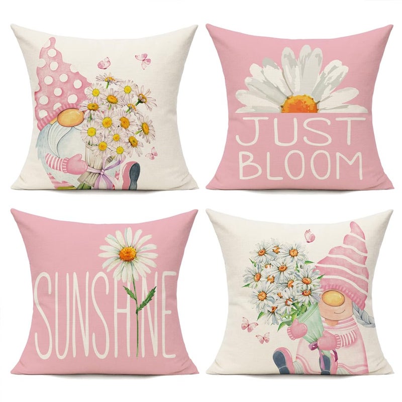 أغطية وسائد خارجية وردية من All Smiles 18x18 مجموعة من 4 زينة ربيعية صيفية لحالات الوسائد ديكور منزلي لتزيين الفناء الأريكة الكرسي صوفا زهور الأقحوان والجنوم