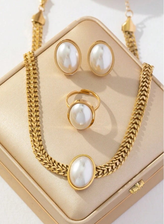 Luxury Stainless Steel Gold Plated Necklace u0026 Earrings u0026 Ring Jewellery Set For Women  - Image 2