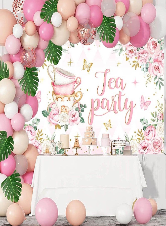 Mocsicka Tea Party Backdrop Banner Pink Floral Butterfly Teapot Let's Partea Background Spring Girl Princess Wonderland Afternoon Tea Cake Table Decorations Supplies - Image 4