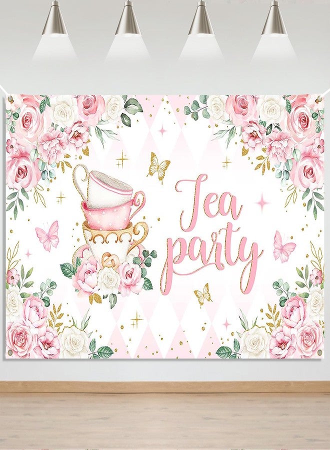 Mocsicka Tea Party Backdrop Banner Pink Floral Butterfly Teapot Let's Partea Background Spring Girl Princess Wonderland Afternoon Tea Cake Table Decorations Supplies - Image 1