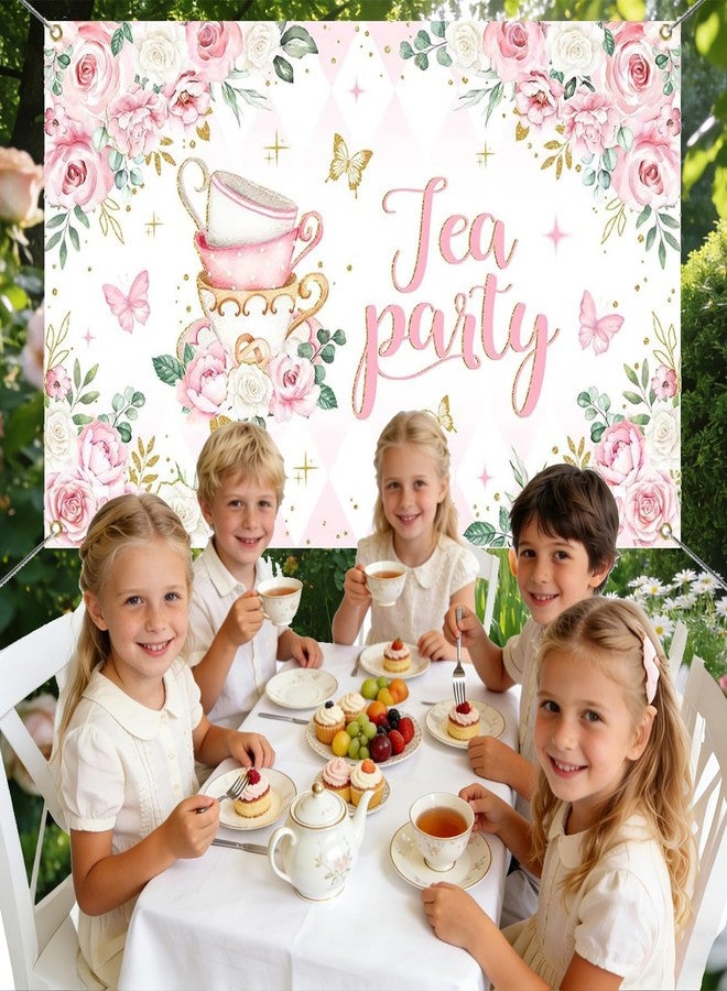 Mocsicka Tea Party Backdrop Banner Pink Floral Butterfly Teapot Let's Partea Background Spring Girl Princess Wonderland Afternoon Tea Cake Table Decorations Supplies - Image 5