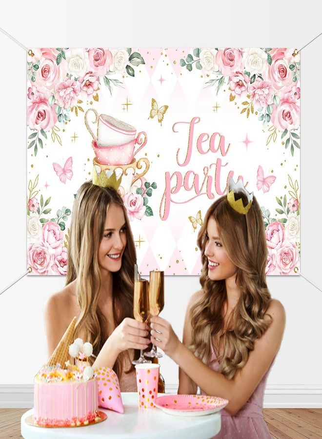 Mocsicka Tea Party Backdrop Banner Pink Floral Butterfly Teapot Let's Partea Background Spring Girl Princess Wonderland Afternoon Tea Cake Table Decorations Supplies - Image 3
