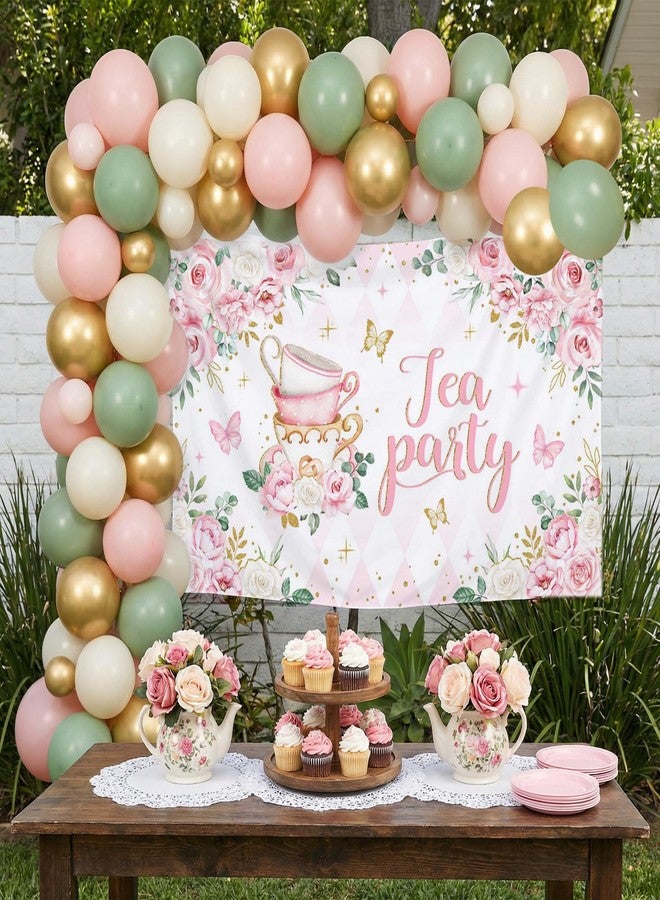 Mocsicka Tea Party Backdrop Banner Pink Floral Butterfly Teapot Let's Partea Background Spring Girl Princess Wonderland Afternoon Tea Cake Table Decorations Supplies - Image 2