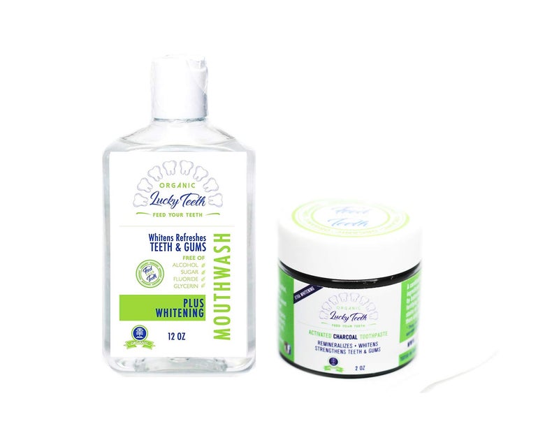 Organic Oral Care Pack Food Grade Peroxide Whitening Mouthwash Activated Coconut Charcoal Toothpaste by Lucky Teeth