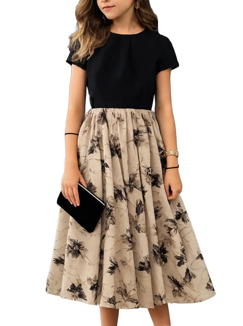 Seechoslo NEW 8-14Years Girls Elegant Dress Short Sleeve A-Line Floral Midi Party Special Occasion (US, Age, 12 Years, Black) - Image 1