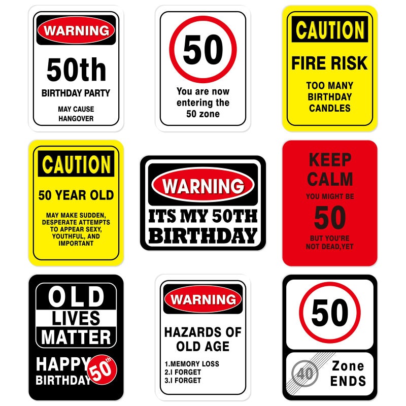 WERNNSAI 50th Birthday Party Decorations 9PCS Wall Signs for Adults 50 Years Old Party Decor Yellow Caution Logos on Door Windows Yard Garden Sign Happy 50th Birthday Party Supplies