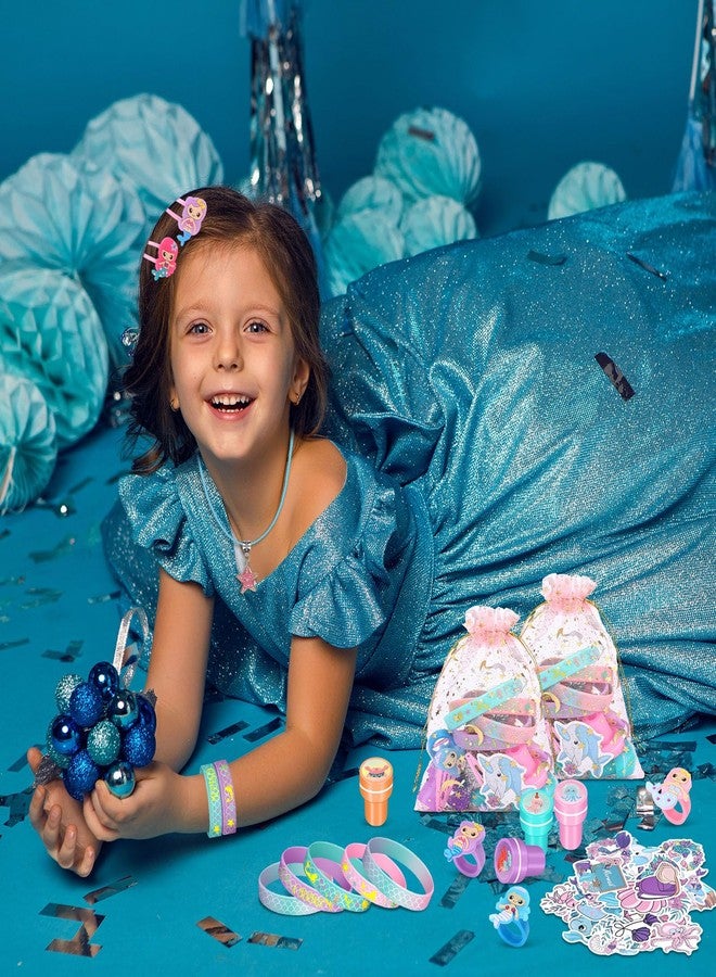 Capoda 158 Pcs Mermaid Party Favors Set for Girls Mermaid Birthday Party Supplies Necklaces Pendants Keychains Stamper Wristband Hair Rings Hairpins Stickers Colorful Rings Gift Bags Stuffers - Image 5
