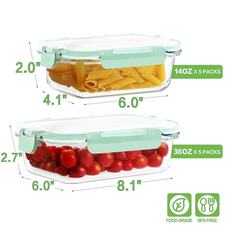 HOMBERKING 10 Pack Borosilicate Glass Meal Prep Containers with Locking Lids, Glass Food Storage Containers Set, Airtight Lunch Bento Boxes, BPA-Free & Leak Proof, 36oz & 14oz, Freezer, Oven Safe-Blue - Image 2