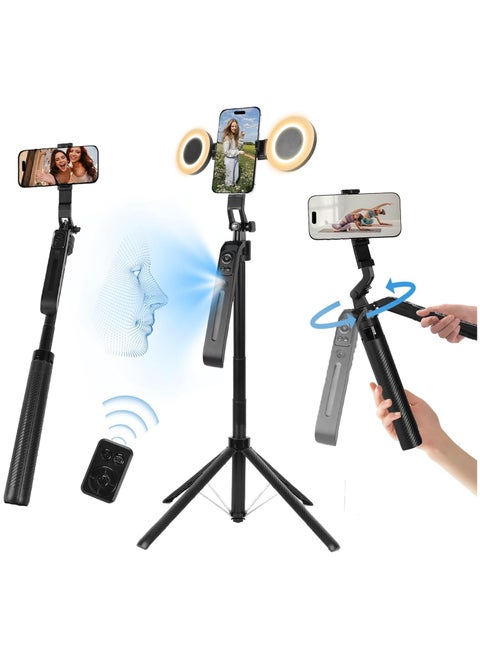 70.9" AI Auto Face Tracking Tripod 360° Rotation with Stand & Light, Phone Camera Holder Stand with Remote & Gesture Control, Extendable Selfie Stick for GoPro/Travel/Vlog/Video/Tiktok/Live Streaming