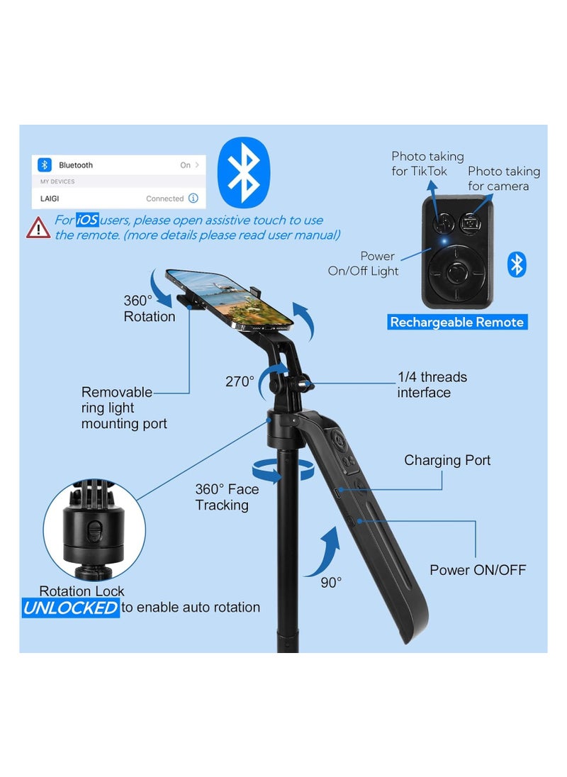 Highdas - 70.9" AI Auto Face Tracking Tripod 360° Rotation with Stand & Light, Phone Camera Holder Stand with Remote & Gesture Control, Extendable Selfie Stick for GoPro/Travel/Vlog/Video/Tiktok/Live Streaming - Image 1