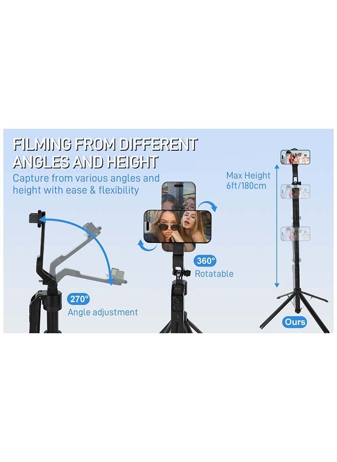 70.9" AI Auto Face Tracking Tripod 360° Rotation with Stand & Light, Phone Camera Holder Stand with Remote & Gesture Control, Extendable Selfie Stick for GoPro/Travel/Vlog/Video/Tiktok/Live Streaming