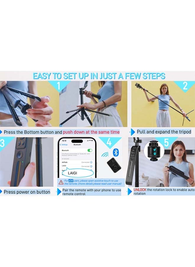 70.9" AI Auto Face Tracking Tripod 360° Rotation with Stand & Light, Phone Camera Holder Stand with Remote & Gesture Control, Extendable Selfie Stick for GoPro/Travel/Vlog/Video/Tiktok/Live Streaming