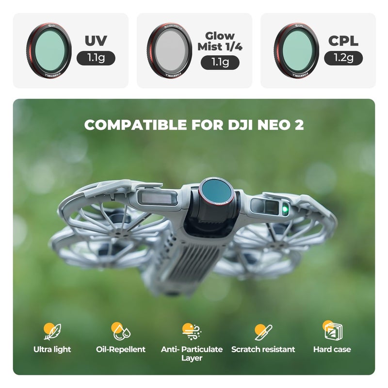 FreeWell فلاتر مغناطيسية من فريويل 3-pack لجهاز DJI Neo 2 - تشمل فلتر CPL (مستقطب) لتقليل الوهج، وفلتر UV لحماية العدسة، وفلتر بلاك جلو ميس 1/4 للتأثيرات السينمائية. - Image 2