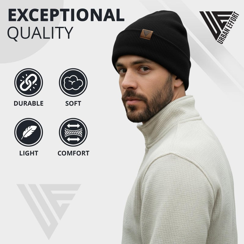 Urban Effort Beanie for Men Women â€“ Warm Acrylic Unisex Knit Winter Hats for Men, Soft Stretch Fit, Classic Streetwear Style (Black) - Image 3