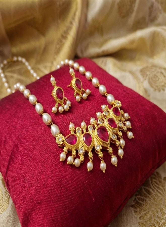 AAIKU Traditional Maharashtrian Tanamani Pendat and White Gahu Mala with Pair of Earrings Set long Necklace 30 Inch for Women and Girls (Pink-31) - Image 4