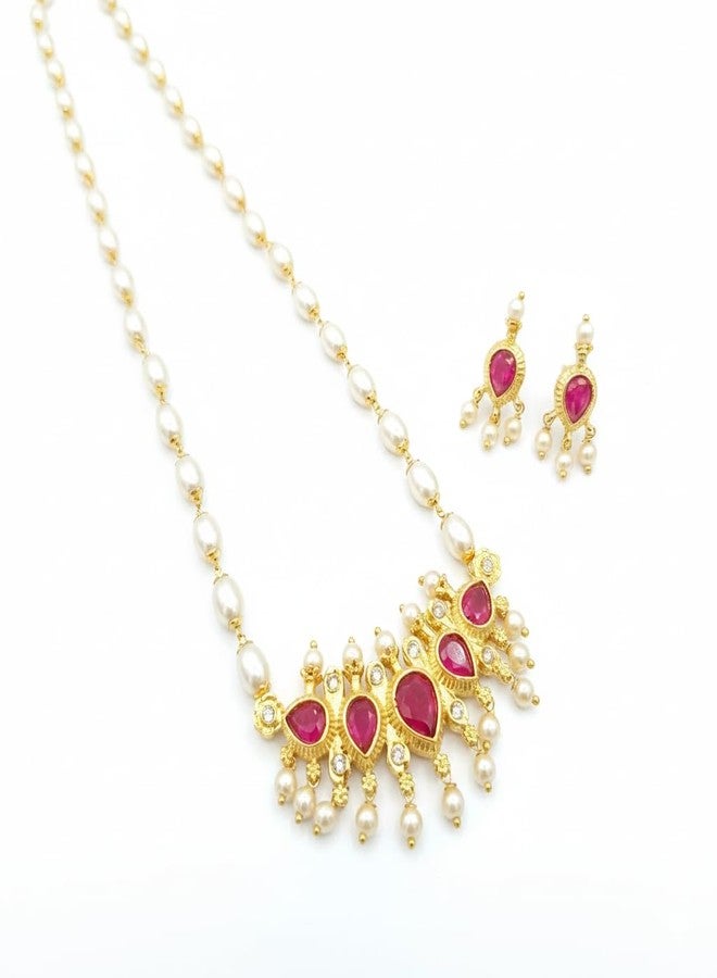 AAIKU Traditional Maharashtrian Tanamani Pendat and White Gahu Mala with Pair of Earrings Set long Necklace 30 Inch for Women and Girls (Pink-31) - Image 1