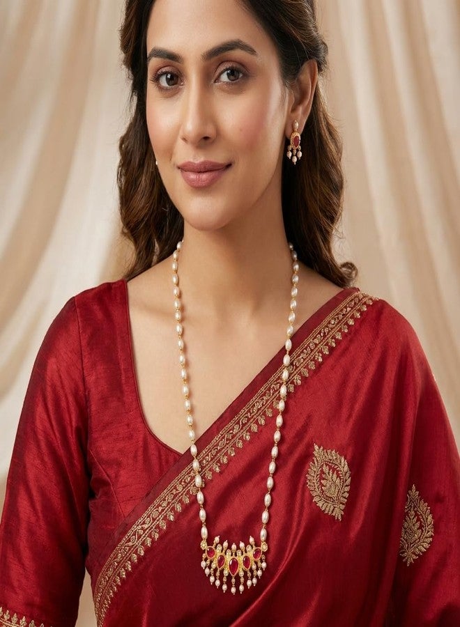 AAIKU Traditional Maharashtrian Tanamani Pendat and White Gahu Mala with Pair of Earrings Set long Necklace 30 Inch for Women and Girls (Pink-31) - Image 2