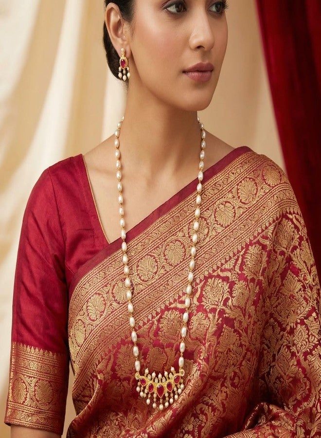 AAIKU Traditional Maharashtrian Tanamani Pendat and White Gahu Mala with Pair of Earrings Set long Necklace 30 Inch for Women and Girls (Pink-31) - Image 5