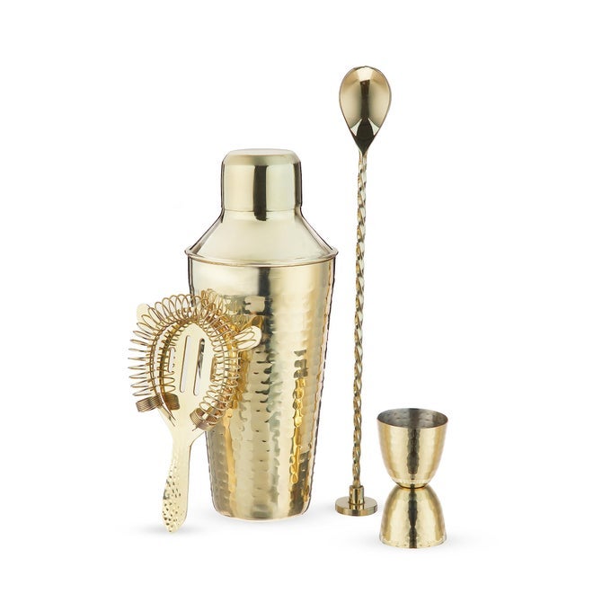 GOLD HAMMERED BARWARE SET STAINLESS STEEL SHAKER JIGGER MUDDLER BAR SPOON HAWTHORNE STRAINER GOLD SET OF 4