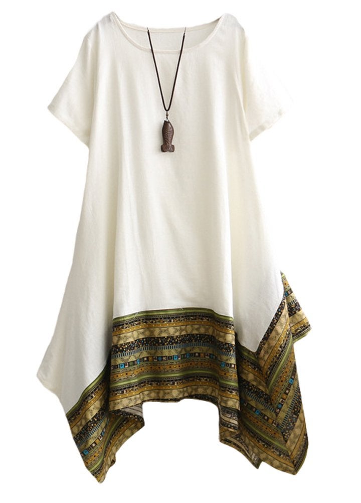 Minibee Womens Ethnic Cotton Linen Short Sleeves Irregular Tunic Dress M White