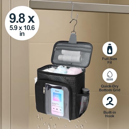F-color Hanging Shower Caddy Portable - College Dorm Essentials for Guys with Hooks, Quick-Dry Shower Bag for Dorm Travel Gym Camping Essentials, Water-Resistant with Multiple Pockets, Black - Image 2