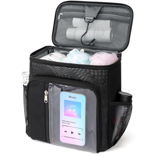 F-color Hanging Shower Caddy Portable - College Dorm Essentials for Guys with Hooks, Quick-Dry Shower Bag for Dorm Travel Gym Camping Essentials, Water-Resistant with Multiple Pockets, Black - Image 1