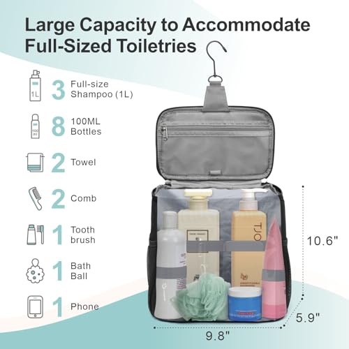 F-color Hanging Shower Caddy Portable - College Dorm Essentials for Guys with Hooks, Quick-Dry Shower Bag for Dorm Travel Gym Camping Essentials, Water-Resistant with Multiple Pockets, Black - Image 3