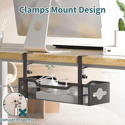 Litwaro Under Desk Cable Management Tray No Drill, Metal Mesh Cable Management Under Desk with Clamp Mount, 2 Hole Cable Tray with Wire Management and Cord Organizer for Home Office Standing Desk - Image 2
