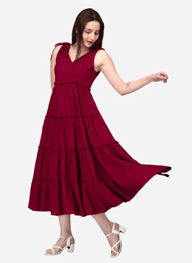 KASYA Maroon Viscose Strappy Tiered Midi Dress