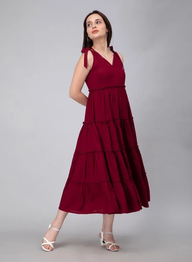 KASYA Maroon Viscose Strappy Tiered Midi Dress