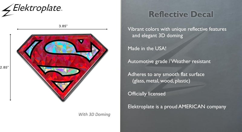 Elektroplate ملصق مرخص رسميًا من DC Comics سوبرمان للسيارات عاكس أحمر/فضي مقبب (3.85 × 2.85 بوصة) ملصق ثلاثي الأبعاد مقاوم لجميع الأحوال الجوية للسيارة، زجاجة الماء، الكمبيوتر المحمول، الهاتف والمزيد | صنع في الولايات المتحدة الأمريكية - Image 3