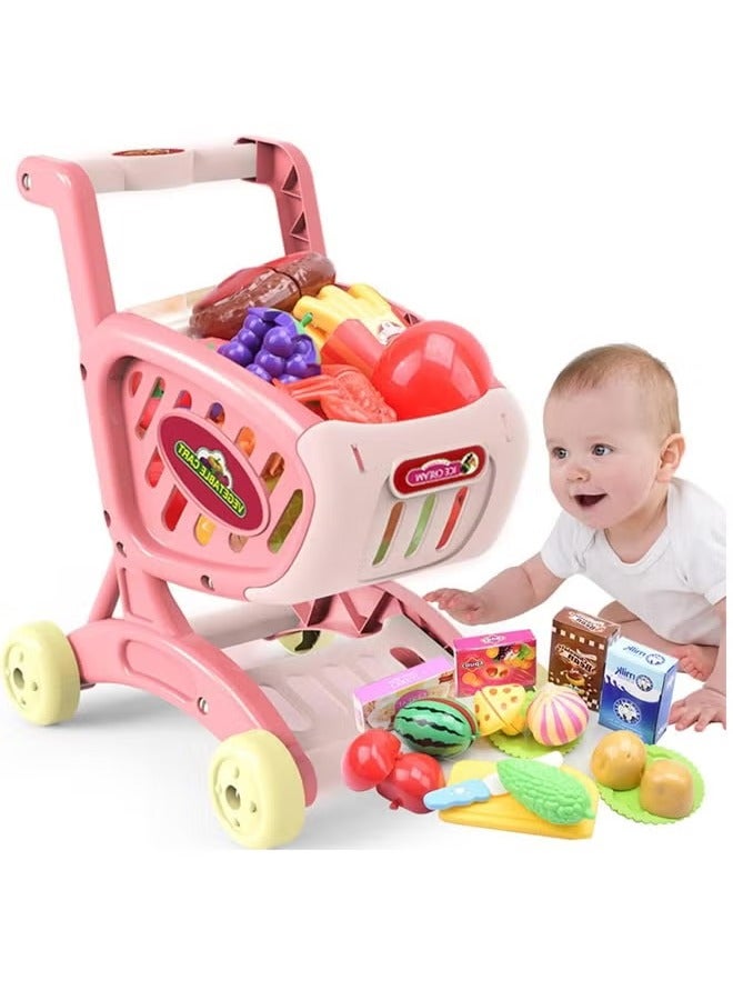 Gerenic Kids Shopping Cart Trolley, Pretend Play Trolley Toy Playset, Educational Toy, Little Helper's Shopping Cart Trolley for Kids, Kitchen Role Play Cart Trolley Playset, 2 in 1 Simulated Shopping Cart Trolley with Wheels, Grocery Shopping Cart with Pretend Food and Accessories, Easy Assembly Child-Safe and Durable, Perfect for Ages 2+ Role-Playing Games(Pink)  - Image 3