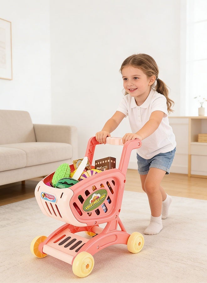 جيرينك عربة تسوق للأطفال، مجموعة ألعاب عربة تظاهرية، لعبة تعليمية، عربة تسوق صغيرة للأطفال، مجموعة ألعاب عربة لعب أدوار المطبخ، عربة تسوق محاكاة 2 في 1 بعجلات، عربة تسوق بقالة مع طعام تظاهري وملحقات، سهلة التركيب وآمنة للأطفال ومتينة، مثالية لألعاب لعب الأدوار من عمر سنتين فما فوق (وردي) - Image 3