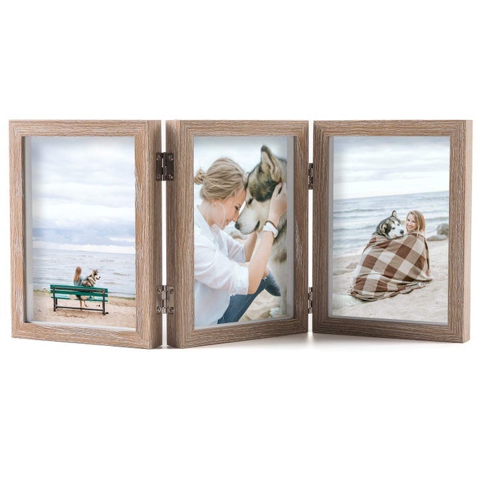 TRIPLE 5X7 PICTURE FRAMES HINGED WOOD 3 OPENING FRAME VERTICALLY DISPLAY WITH GLASS FRONT