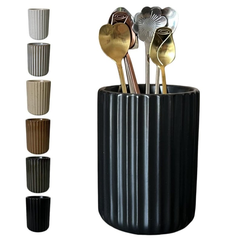 TOPYOKK Stoneware Coffee Bar Utensil Holder Tea & Coffee Spoon & Stirrer Holder for Stir Stick Straw Teaspoon Holder Spoon Cup Small Utensil Jar Fluted Vertical Stripe (Matte Black) - Image 1