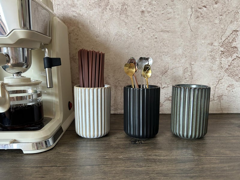 TOPYOKK Stoneware Coffee Bar Utensil Holder Tea & Coffee Spoon & Stirrer Holder for Stir Stick Straw Teaspoon Holder Spoon Cup Small Utensil Jar Fluted Vertical Stripe (Matte Black) - Image 2