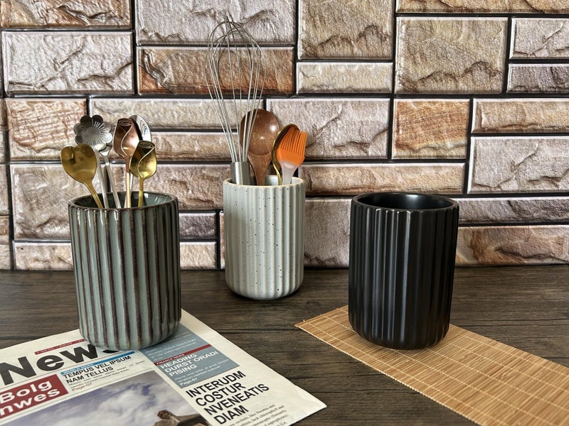 TOPYOKK Stoneware Coffee Bar Utensil Holder Tea & Coffee Spoon & Stirrer Holder for Stir Stick Straw Teaspoon Holder Spoon Cup Small Utensil Jar Fluted Vertical Stripe (Matte Black) - Image 3