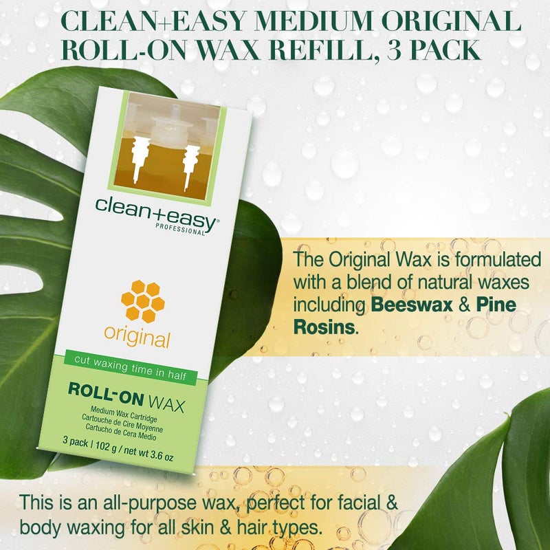 Clean + Easy Original Roll On Wax â€“ Medium, Soft Wax Refill Cartridge for Smooth Body Hair Removal, 3 Pack - Image 3