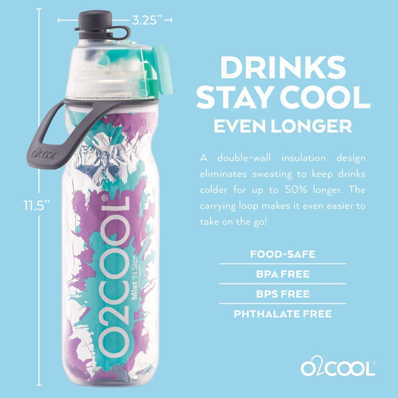 O2COOL Mist 'N Sip Misting Water Bottle 2-in-1 Mist And Sip Function With No Leak Pull Top Spout Reusable Sports Water Bottle - 20 oz (Teal Purple Splash) - Image 3