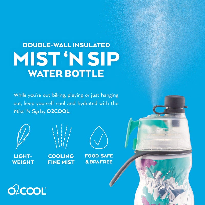O2COOL Mist 'N Sip Misting Water Bottle 2-in-1 Mist And Sip Function With No Leak Pull Top Spout Reusable Sports Water Bottle - 20 oz (Teal Purple Splash) - Image 1