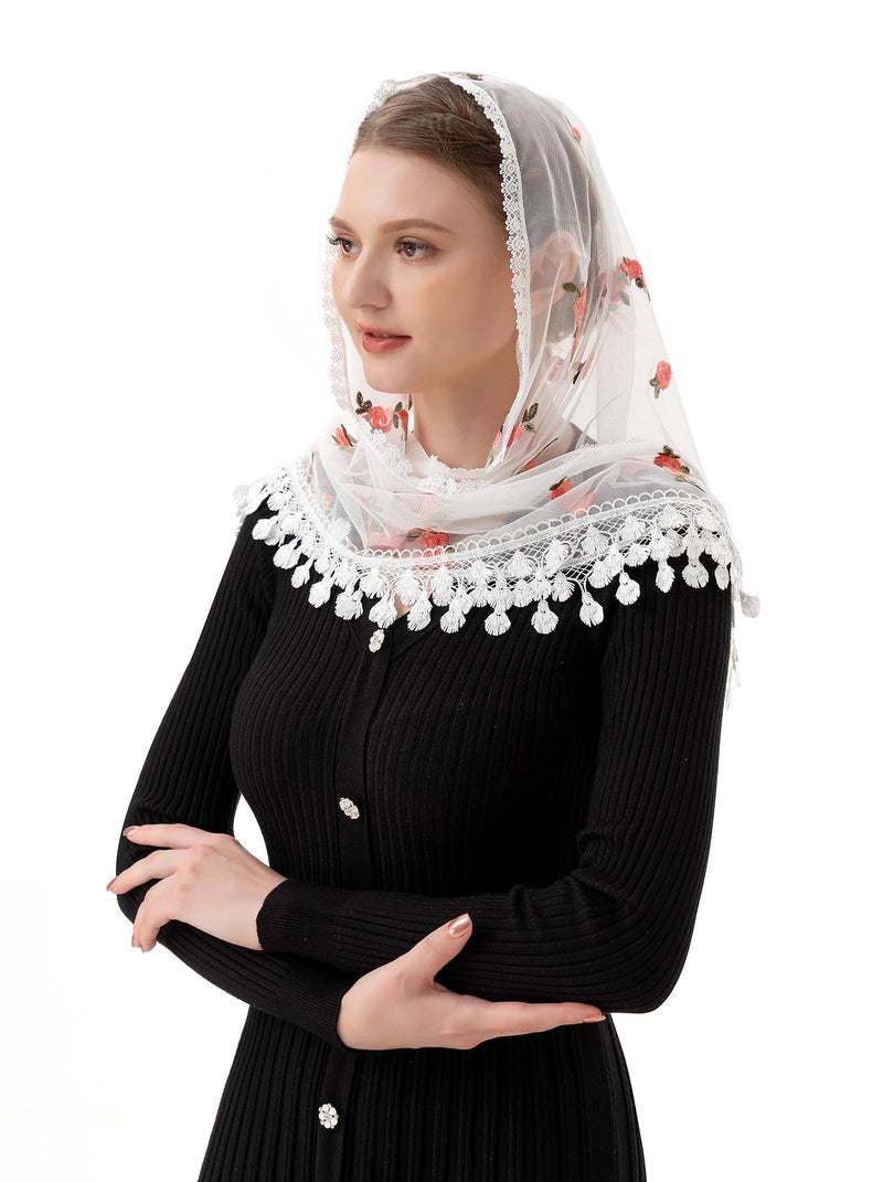 PAMOR Triangle Little Flower Chapel Veils Embroidered Scarf Shawl Latin Mass Head Covering Mantilla Veil for Church (White) - Image 4