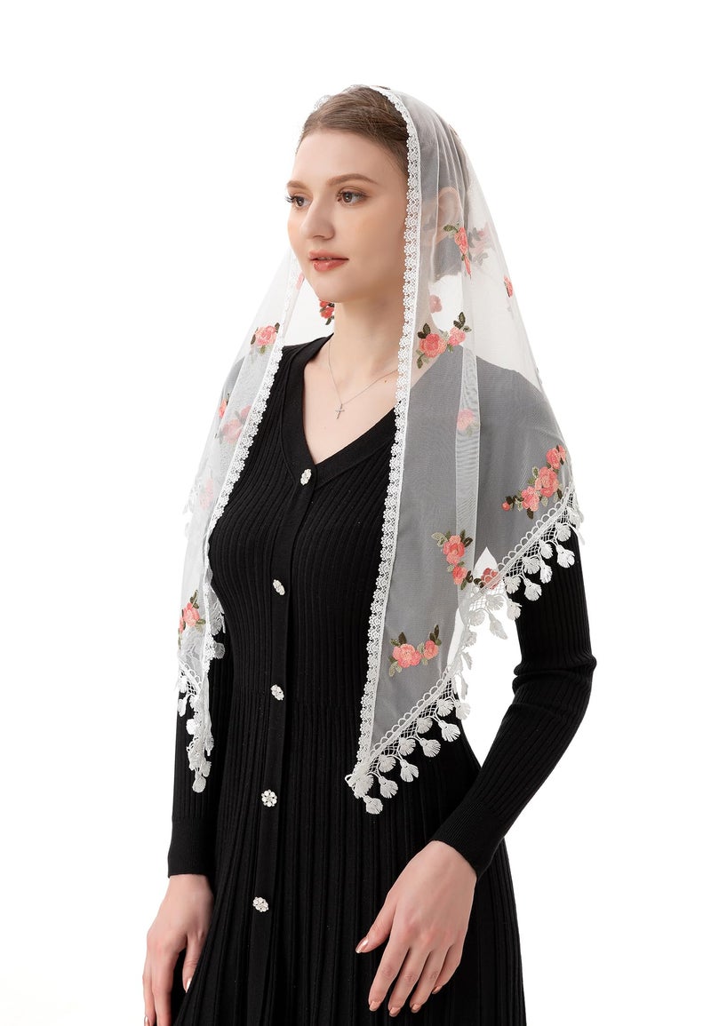 PAMOR Triangle Little Flower Chapel Veils Embroidered Scarf Shawl Latin Mass Head Covering Mantilla Veil for Church (White) - Image 2
