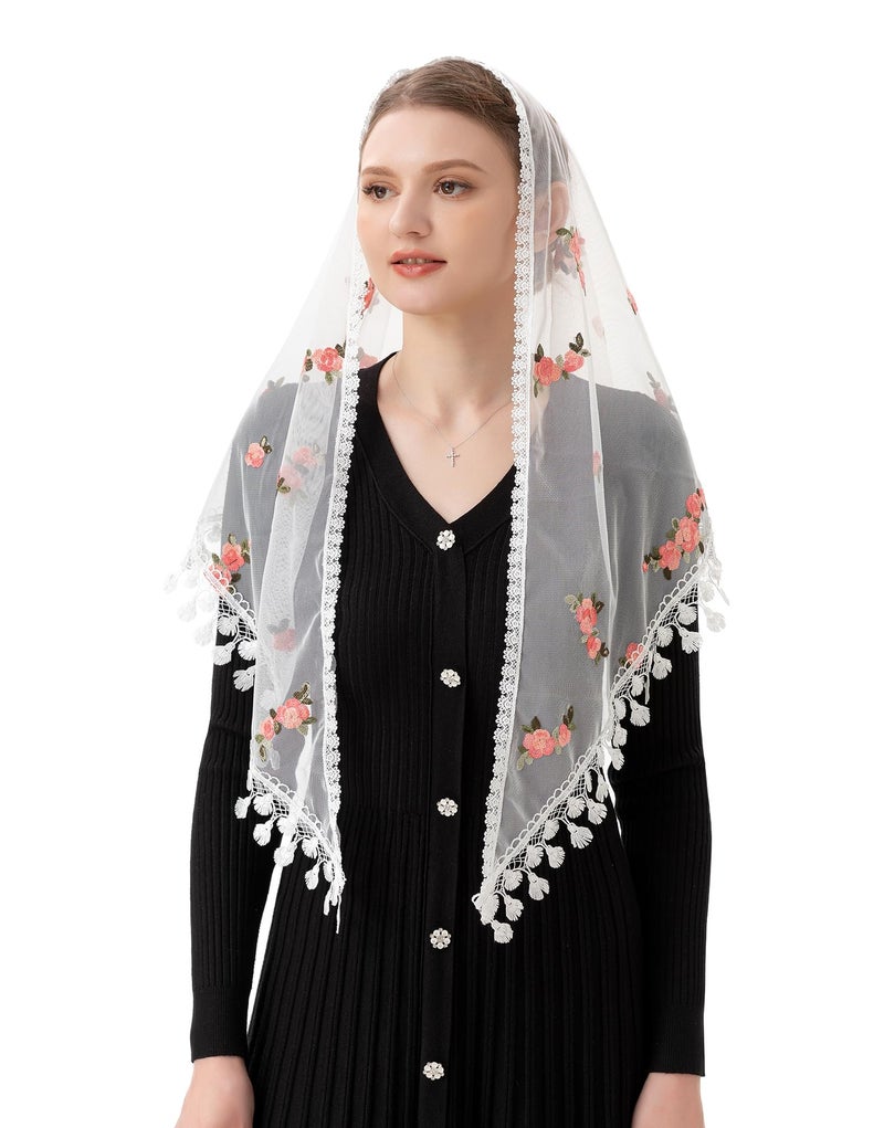 PAMOR Triangle Little Flower Chapel Veils Embroidered Scarf Shawl Latin Mass Head Covering Mantilla Veil for Church (White) - Image 1