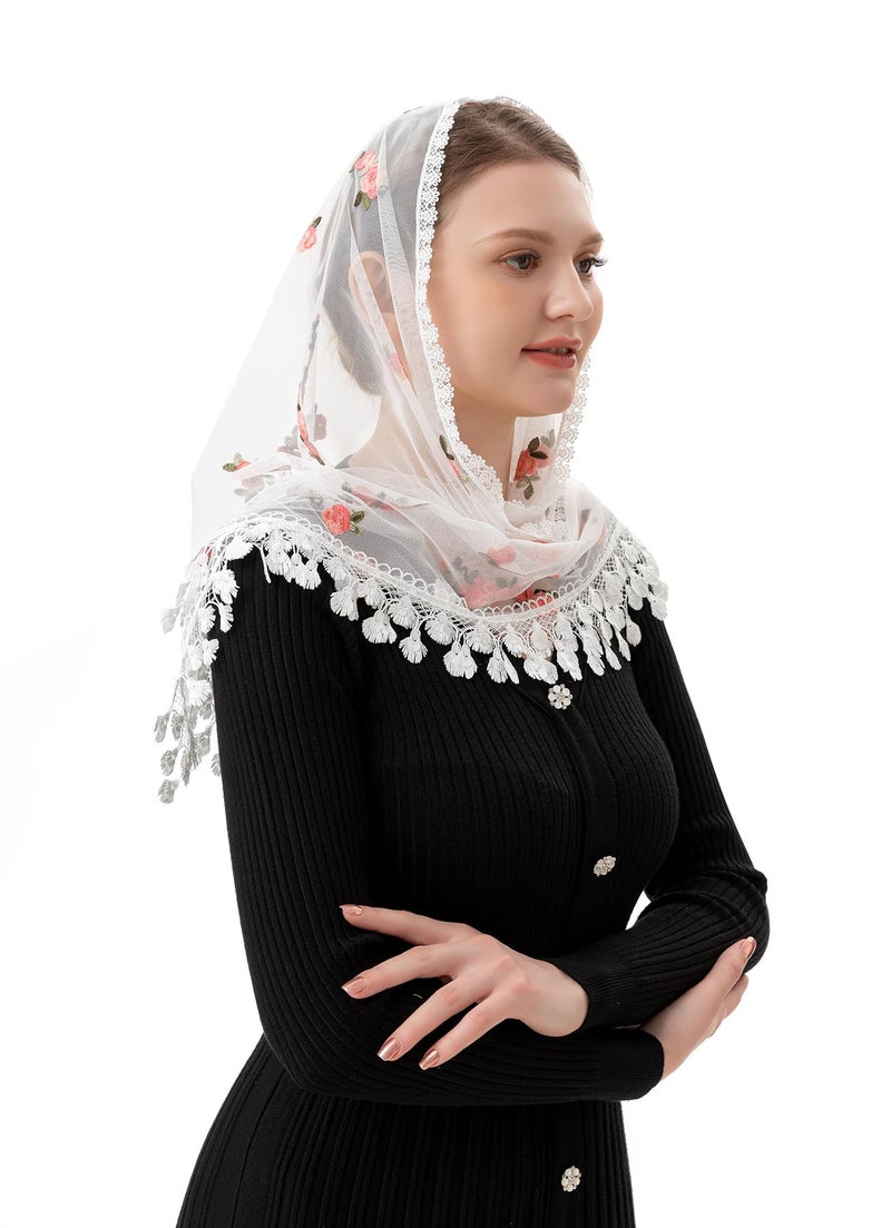 PAMOR Triangle Little Flower Chapel Veils Embroidered Scarf Shawl Latin Mass Head Covering Mantilla Veil for Church (White) - Image 5