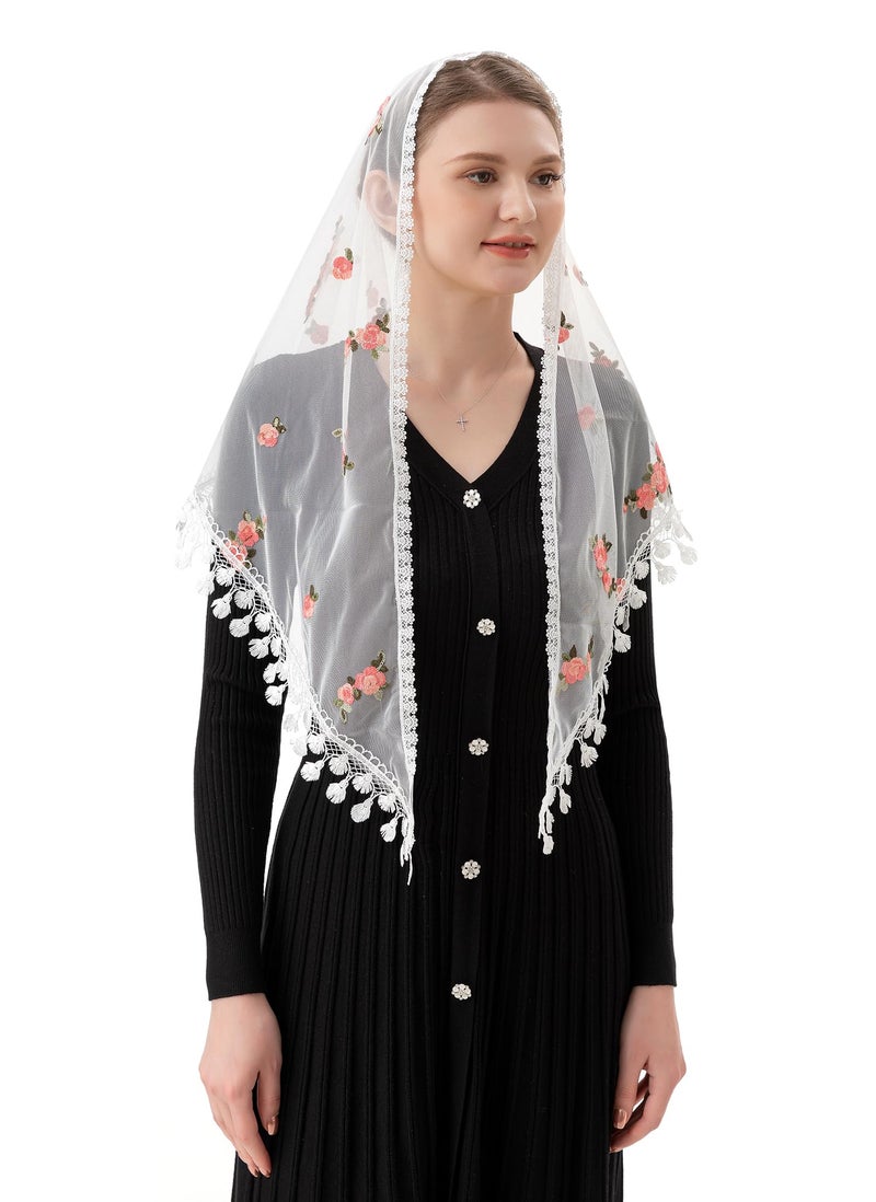 PAMOR Triangle Little Flower Chapel Veils Embroidered Scarf Shawl Latin Mass Head Covering Mantilla Veil for Church (White) - Image 3